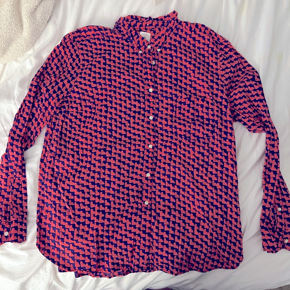 Gap Navy Pink Heart Cotton Button Down Shrunken Boyfriend Shirt XXL